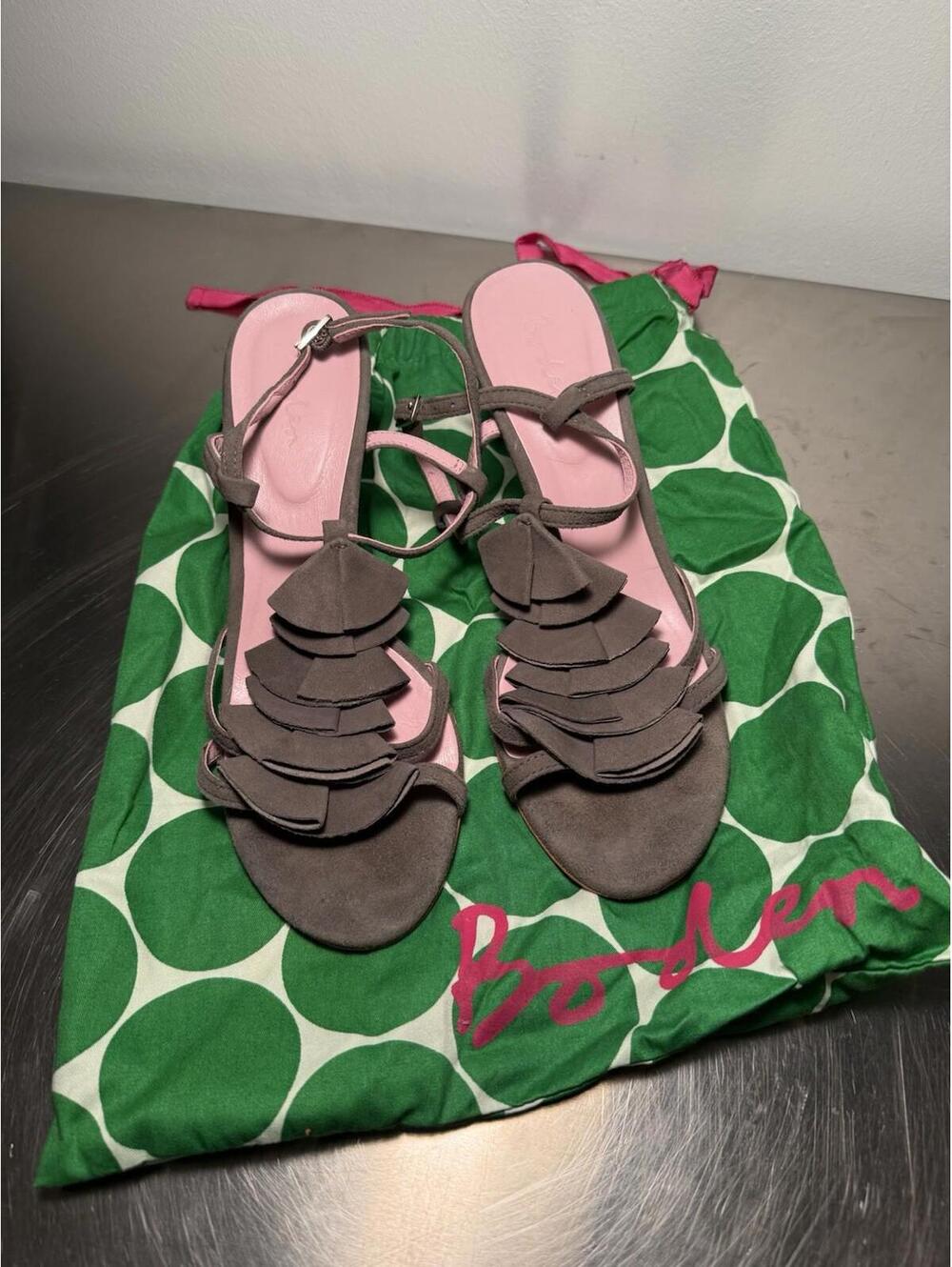 Boden Sandal Shoe Soft Gray Nubuck Suede Leather Ruffle Open Toe Heel 9 - 9.5